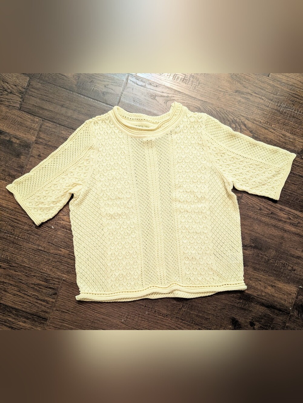 Soft Yellow Crochet-Style Short-Sleeve Sweater
